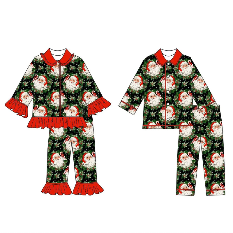 High Quality Christmas Pajama Set Long Sleeve  Santa Claus Bow Print Girls Boys Set Children's Clothes
