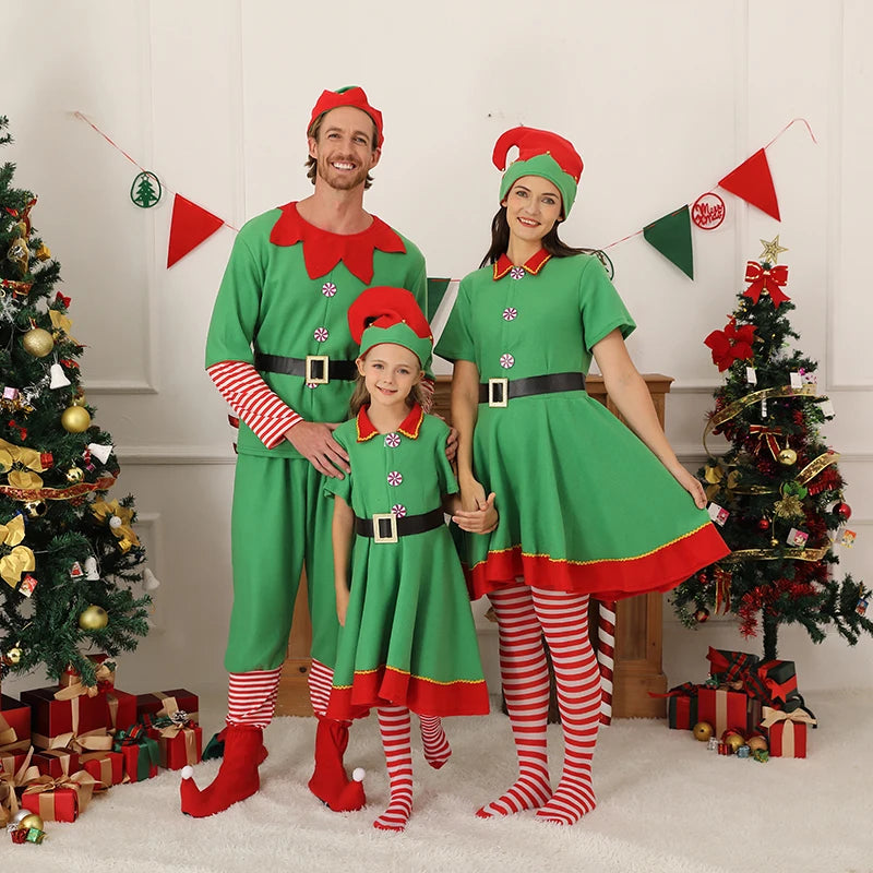 Christmas Family Matching Clothes New Year Christmas Elf Costume Father Mother Kids Clothing Set Boys Tops Pants Hat Belt Outfit