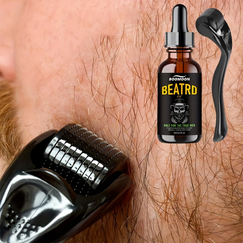 Kit Óleo para Barba e Couro Cabeludo com Roller Massageador - 60ml Fórmula Iluminadora Sem Álcool | Presente Perfeito Natal Dia do Pai