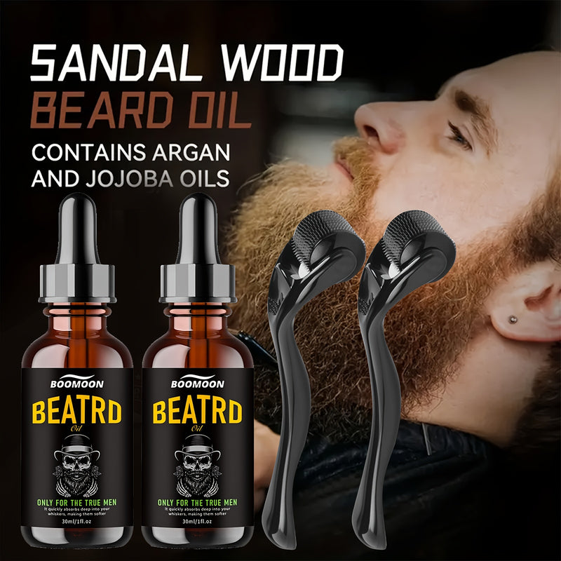 Kit Óleo para Barba e Couro Cabeludo com Roller Massageador - 60ml Fórmula Iluminadora Sem Álcool | Presente Perfeito Natal Dia do Pai