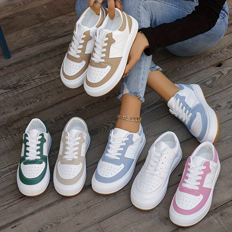 Ténis Femininos Low-Top Atacadores - Bege/Branco/Azul PU Sola Almofadada TPR