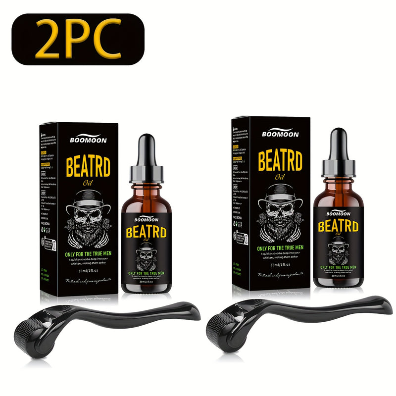 Kit Óleo para Barba e Couro Cabeludo com Roller Massageador - 60ml Fórmula Iluminadora Sem Álcool | Presente Perfeito Natal Dia do Pai