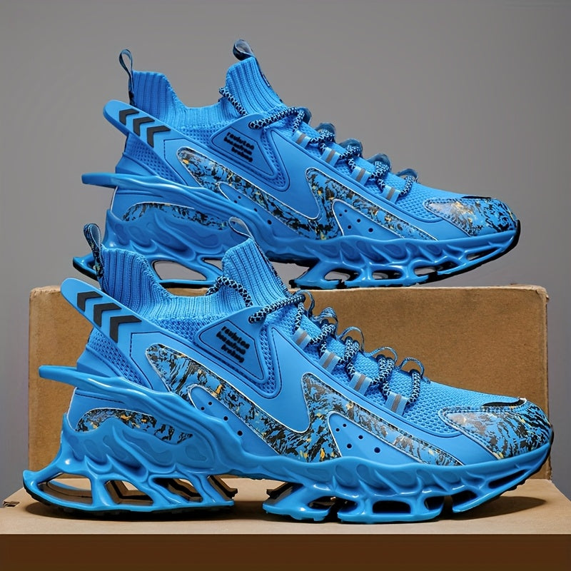 Ténis de Corrida e Ginásio Masculinos Leves - Sapatilhas de Treino Respiráveis com Sola TPU Almofadada, Ténis com Atacadores para Ginásio, Jogging e Uso Casual - Sapatos Casuais Outono/Inverno em Azul Vibrante, Design Padrão Dinâmico, Absorção de Choque