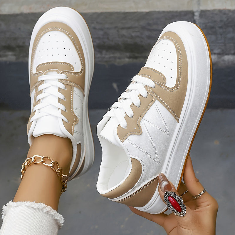 Ténis Femininos Low-Top Atacadores - Bege/Branco/Azul PU Sola Almofadada TPR