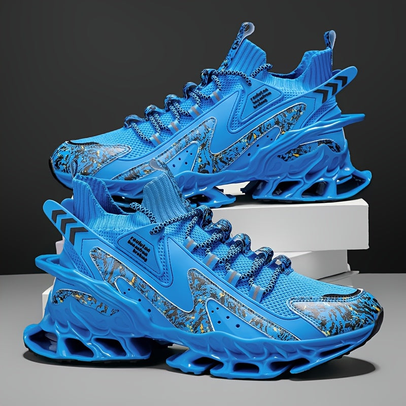 Ténis de Corrida e Ginásio Masculinos Leves - Sapatilhas de Treino Respiráveis com Sola TPU Almofadada, Ténis com Atacadores para Ginásio, Jogging e Uso Casual - Sapatos Casuais Outono/Inverno em Azul Vibrante, Design Padrão Dinâmico, Absorção de Choque