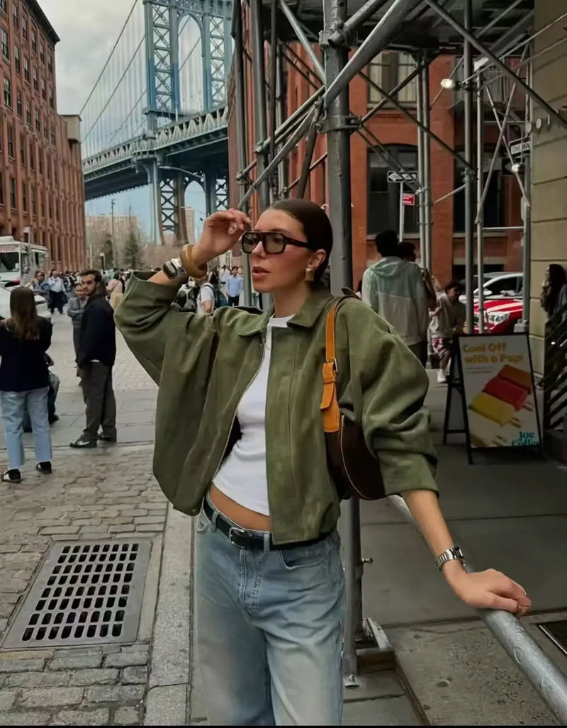 Casaco Feminino Casual Textura Camurça - Fecho Éclair Lavável à Máquina