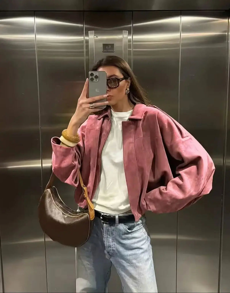 Casaco Feminino Casual Textura Camurça - Fecho Éclair Lavável à Máquina