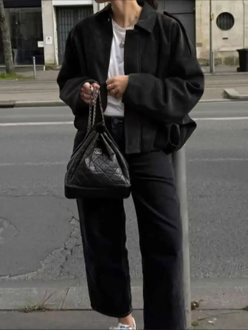 Casaco Feminino Casual Textura Camurça - Fecho Éclair Lavável à Máquina