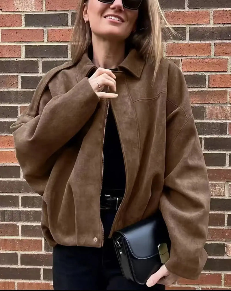 Casaco Feminino Casual Textura Camurça - Fecho Éclair Lavável à Máquina