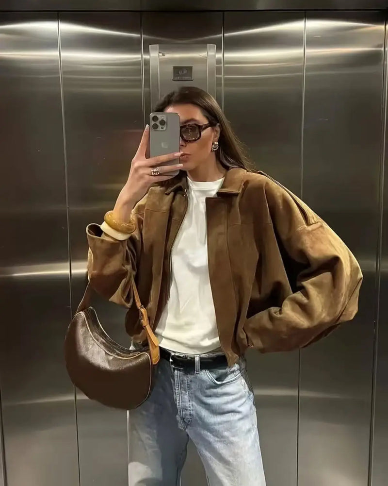 Casaco Feminino Casual Textura Camurça - Fecho Éclair Lavável à Máquina