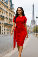 Vestido Feminino Verão Manga Curta Elegante com Pregas - Gola Banda Tendência