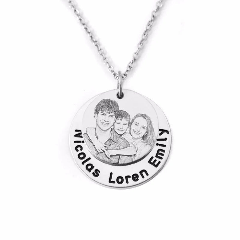 Colar Personalizado com Foto e Nomes - Prata 925 Pendente Redondo
