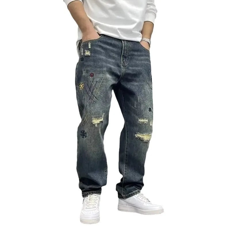 Jeans Masculinas Perna Larga Rasgadas - Estilo Americano Vintage Lavadas