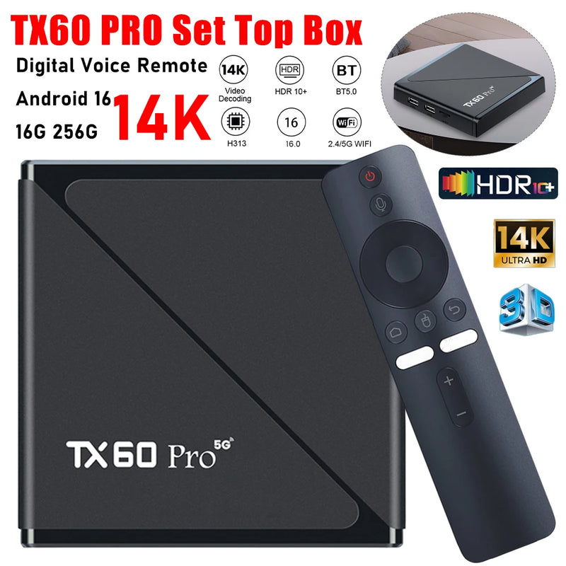 Box TV Android 16 TX60 PRO - 4K WiFi Dual 2.4G/5G Leitor Multimédia 16GB/256GB 2025