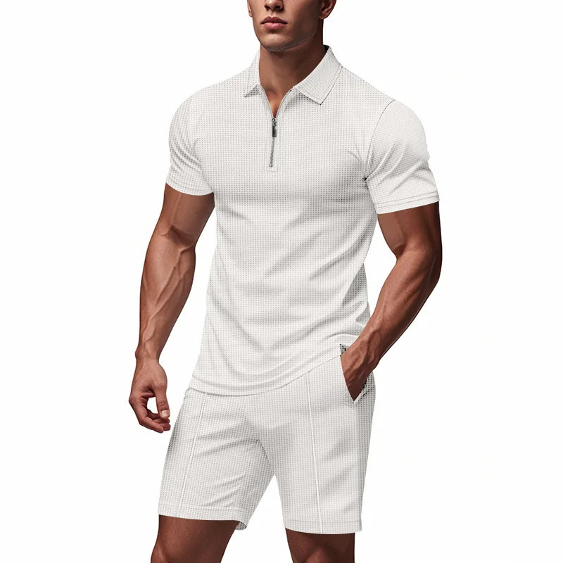 Conjunto Masculino Waffle Americano - Fecho Manga Curta e Calções Verão