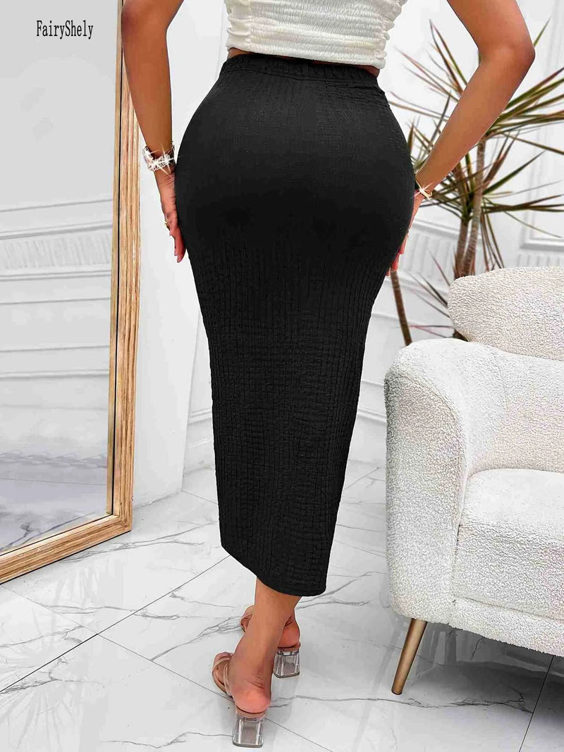 Saia Longa Malha Preta Sexy 2025 - Cintura Alta Midi Bodycon com Fenda