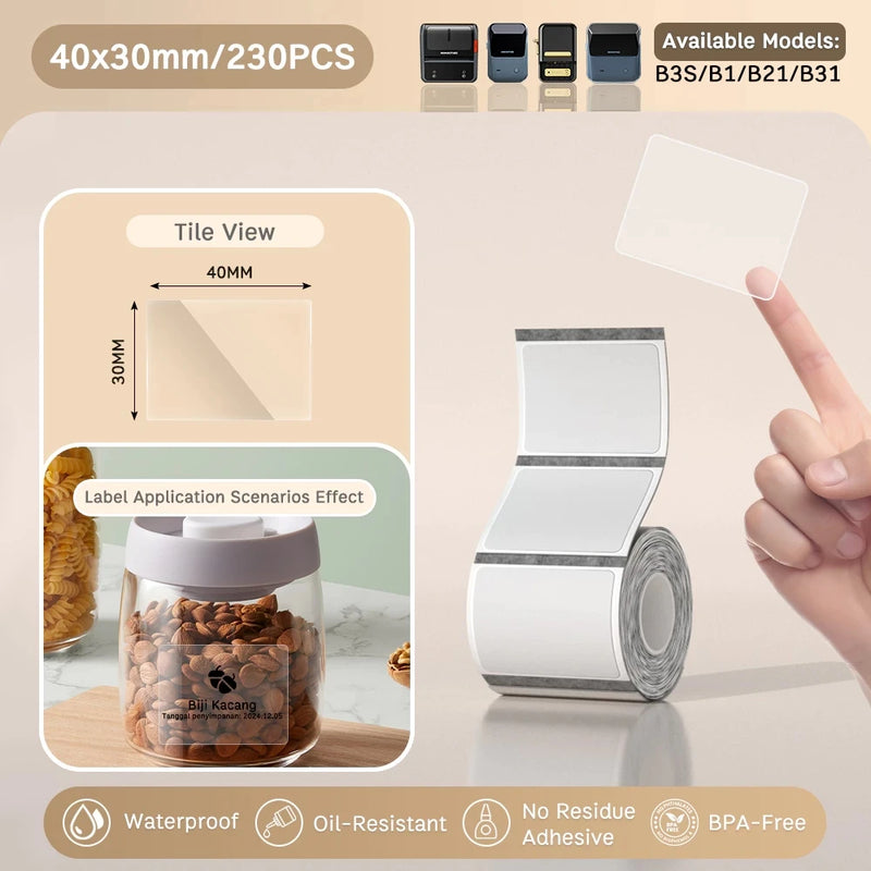 Papel Térmico Niimbot B21/B203/B3S - Etiquetas Autoadesivas Impermeáveis Resistentes a Óleo e Rasgos