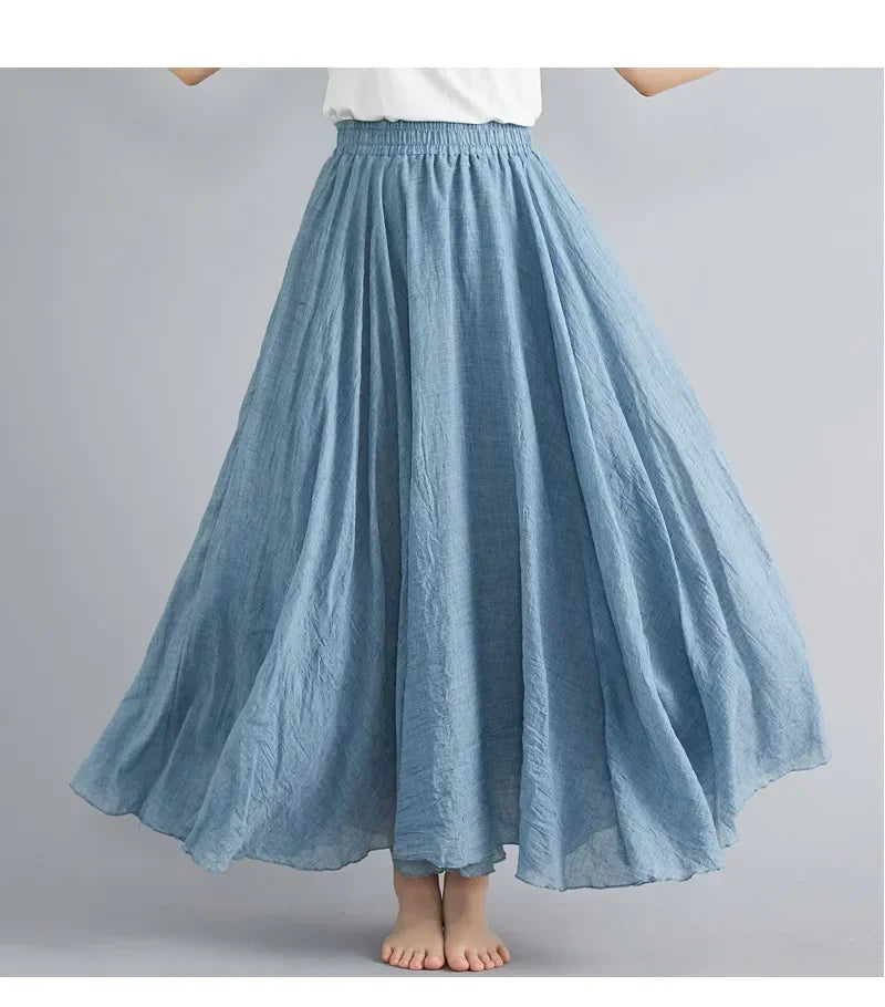 Saia Maxi Algodão Linho Cor Sólida - Casual Elegante Harajuku Longa