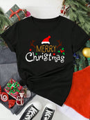 T-Shirt Natal Feminina Merry Christmas - Gorro Renas Manga Curta Branca Casual