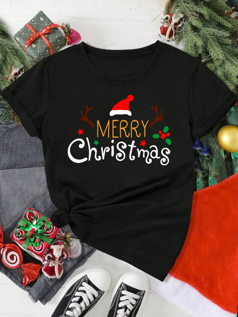 T-Shirt Natal Feminina Merry Christmas - Gorro Renas Manga Curta Branca Casual