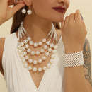 Conjunto Joias Pérolas 4 Camadas - Colar Brincos Pulseira Artesanal Presente