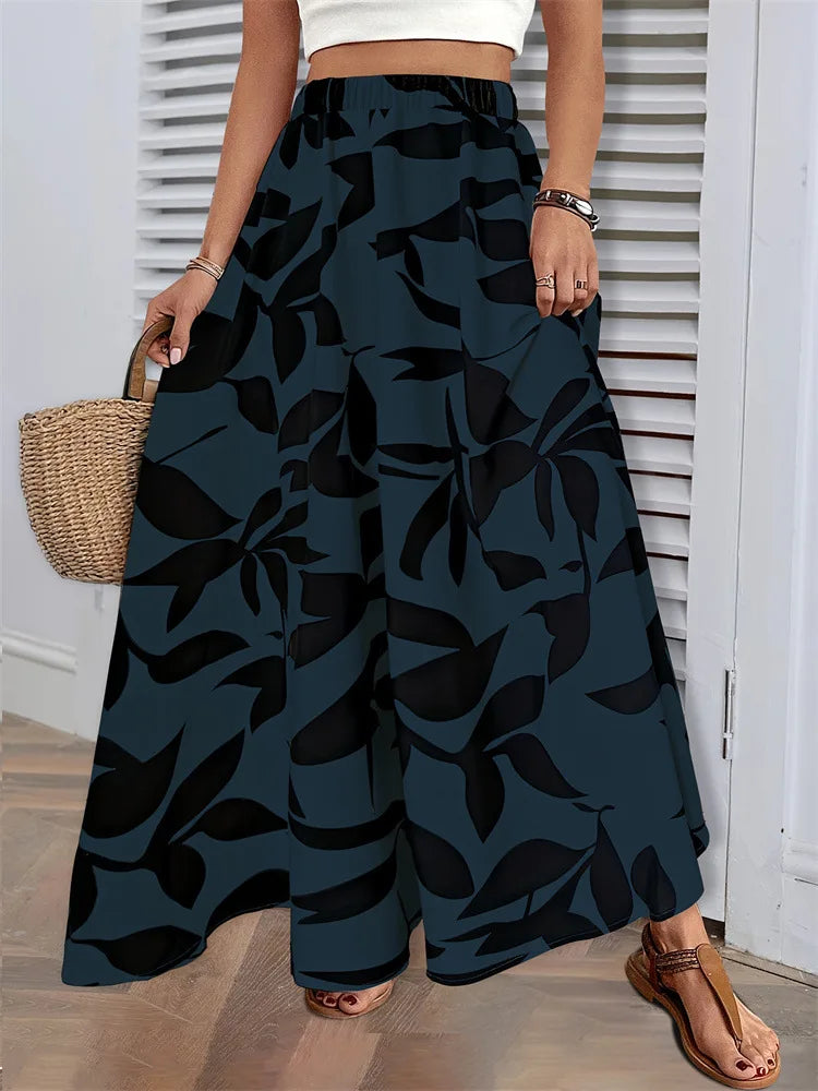 Saia Longa Estampado Folhas Casual 2025 - Cintura Alta Plissada Elegante
