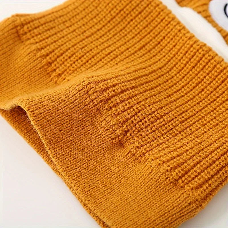 1pc Winter Cartoon Animal Knit Hat with Ear Flaps for Boys, Polyester Thermal Lined Hood, Christmas Outdoor Hiking Warm Cap