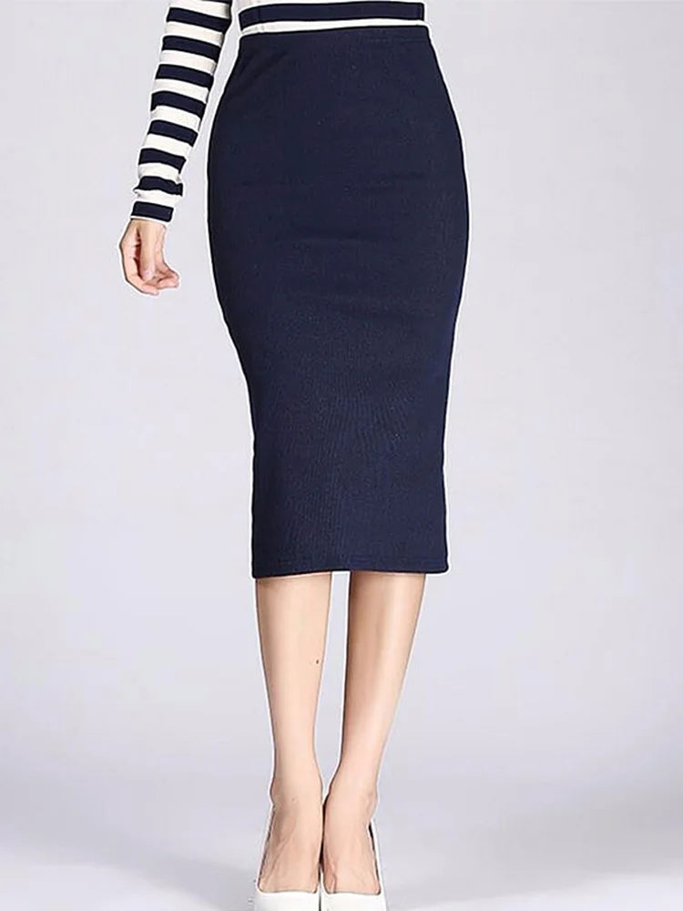 Saia Lápis Longa Primavera Outono - Sexy Slim Ajustada Lã Canelada Midi
