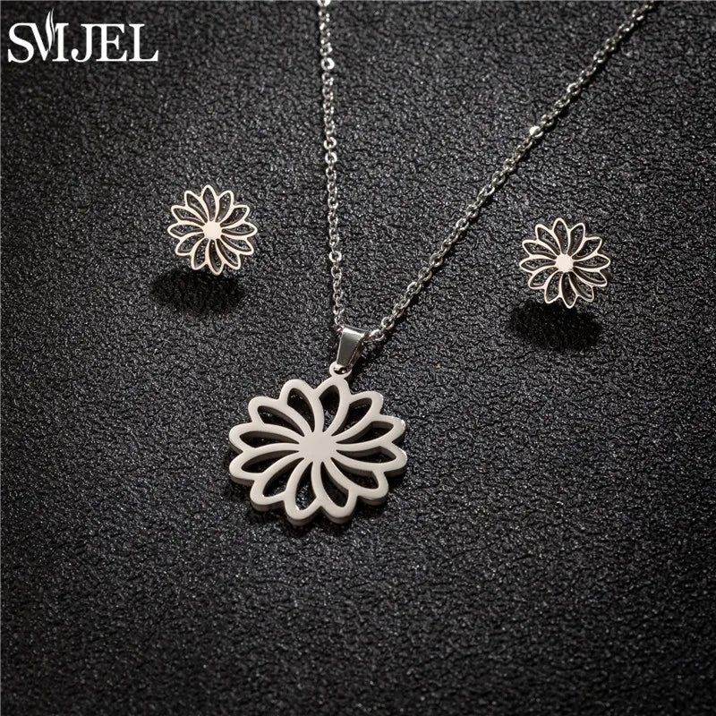 Conjunto Joias Aço Inoxidável - Colares Brincos Flores Bohemia para Homens e Mulheres
