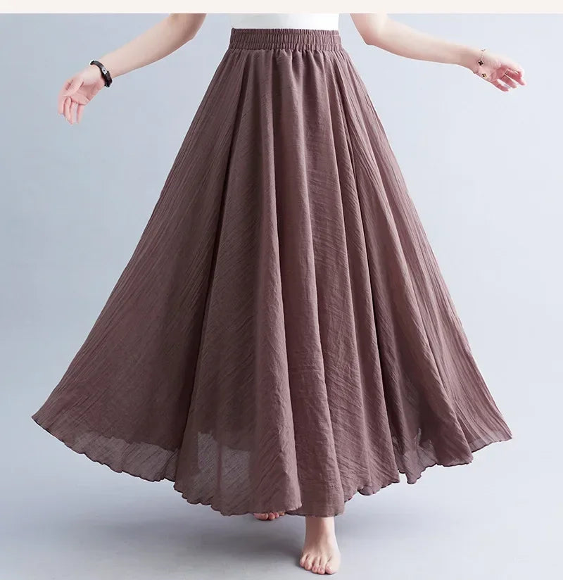 Saia Maxi Algodão Linho Cor Sólida - Casual Elegante Harajuku Longa