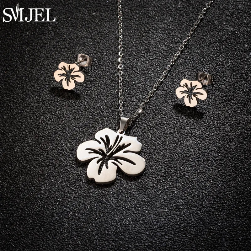 Conjunto Joias Aço Inoxidável - Colares Brincos Flores Bohemia para Homens e Mulheres
