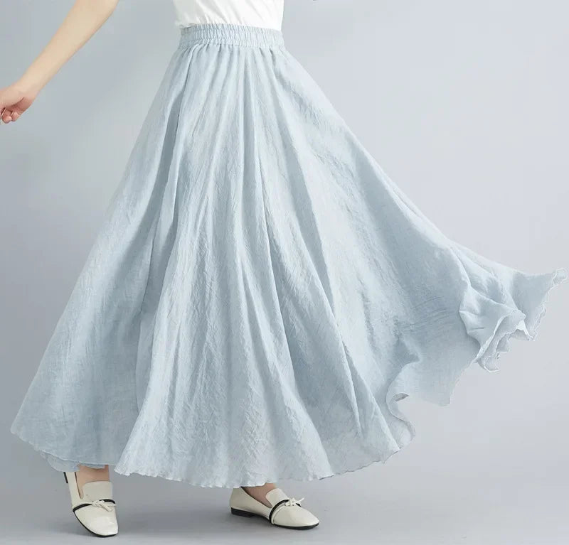 Saia Maxi Algodão Linho Cor Sólida - Casual Elegante Harajuku Longa