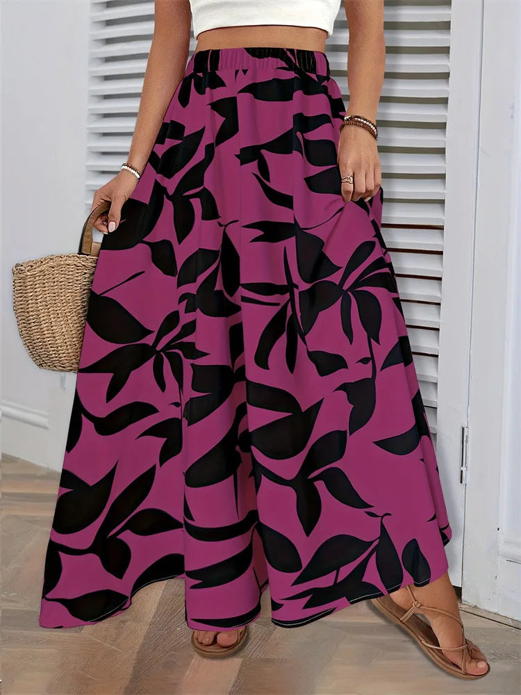 Saia Longa Estampado Folhas Casual 2025 - Cintura Alta Plissada Elegante