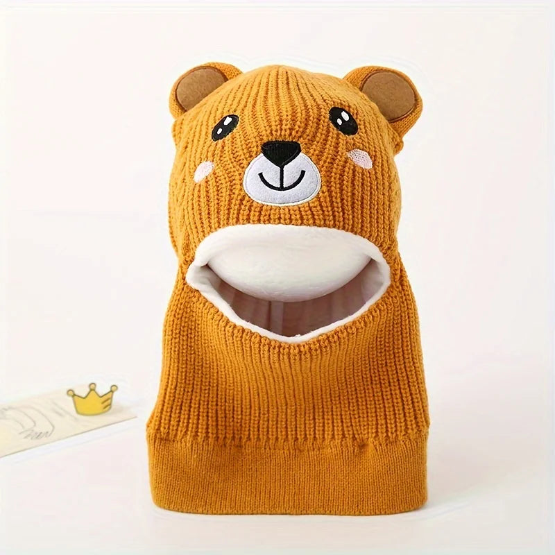 1pc Winter Cartoon Animal Knit Hat with Ear Flaps for Boys, Polyester Thermal Lined Hood, Christmas Outdoor Hiking Warm Cap
