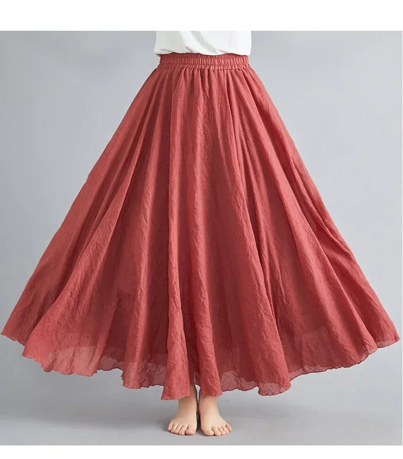 Saia Maxi Algodão Linho Cor Sólida - Casual Elegante Harajuku Longa