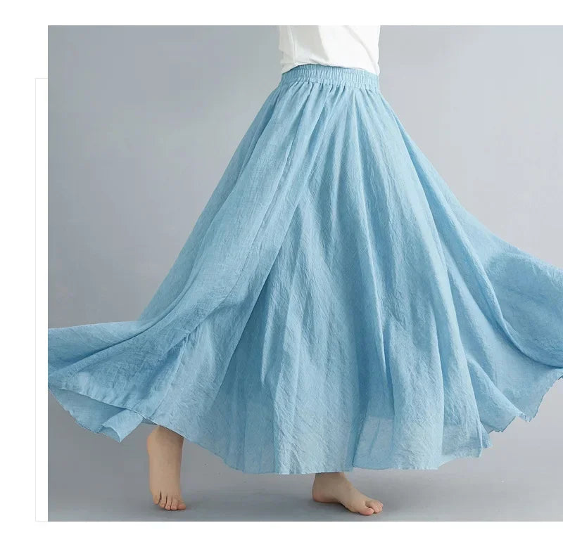 Saia Maxi Algodão Linho Cor Sólida - Casual Elegante Harajuku Longa