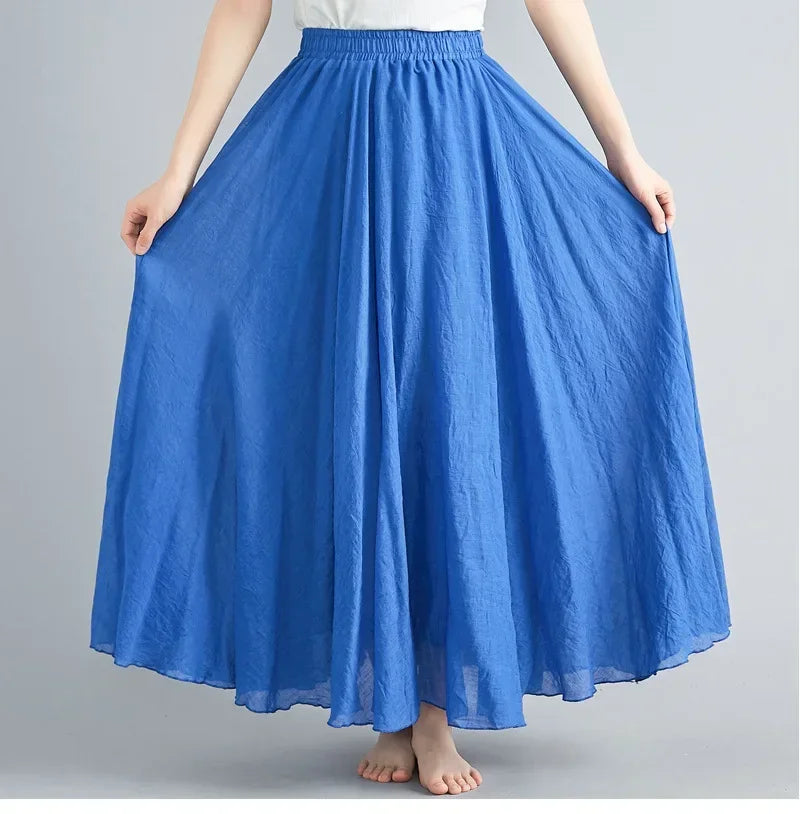 Saia Maxi Algodão Linho Cor Sólida - Casual Elegante Harajuku Longa