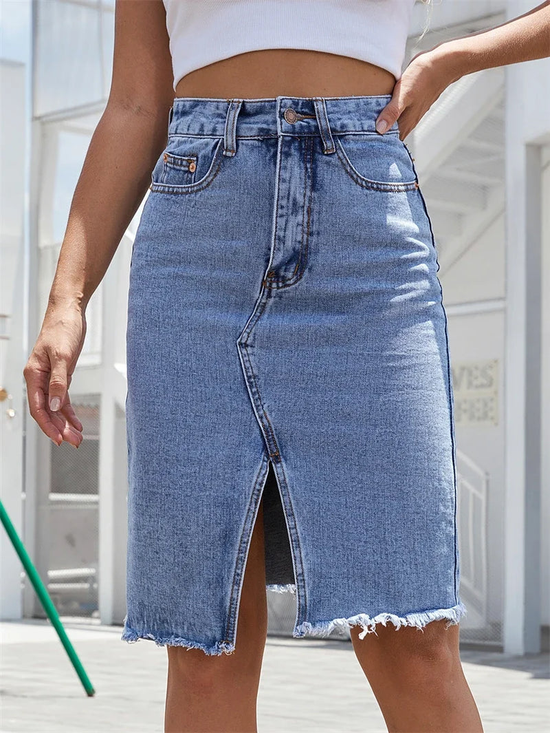 Saia Ganga Azul com Fenda Frontal - Bolsos Cintura Alta Midi Casual