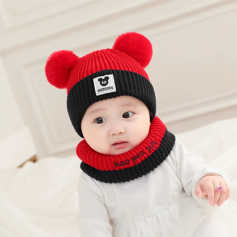 1Set Baby Hat Scarf Set Bear Warm Knitted Children Winter Hat Cap Bonnet Infant Toddler Kids Hat Boys Girls Crochet Beanie
