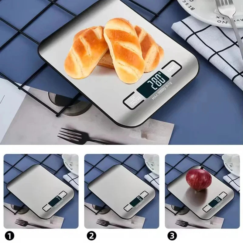 Balança Digital de Cozinha LED 5kg/1g - Painel Aço Inoxidável para Alimentos e Pastelaria