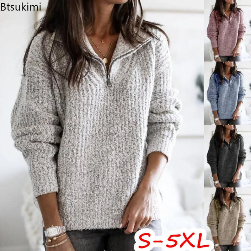 Camisola Pullover Feminina Outono Inverno - Manga Comprida Fecho Malha