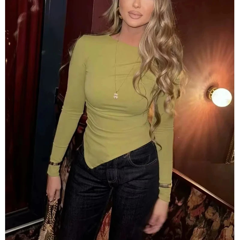 Top Feminino Assimétrico Ombro Descoberto - Franzido Casual Manga Comprida Primavera