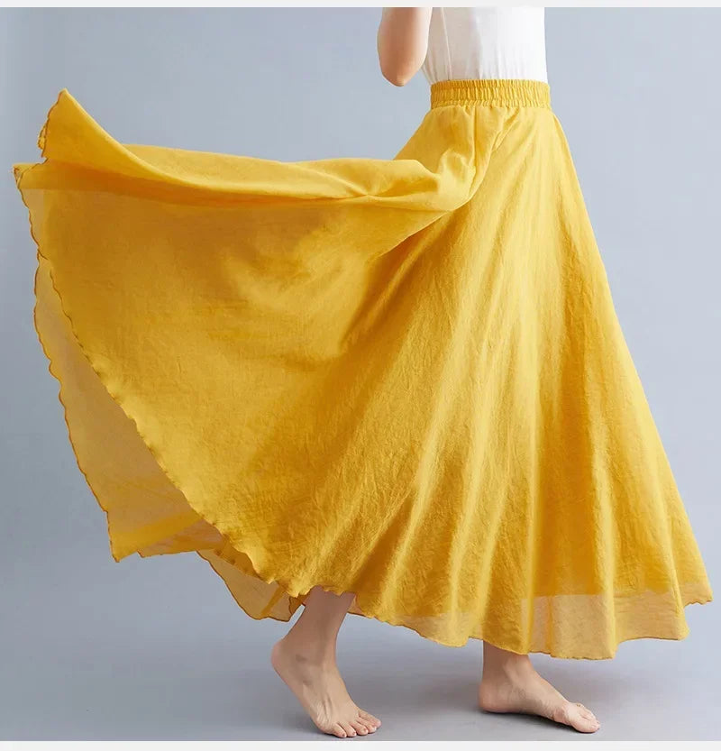 Saia Maxi Algodão Linho Cor Sólida - Casual Elegante Harajuku Longa