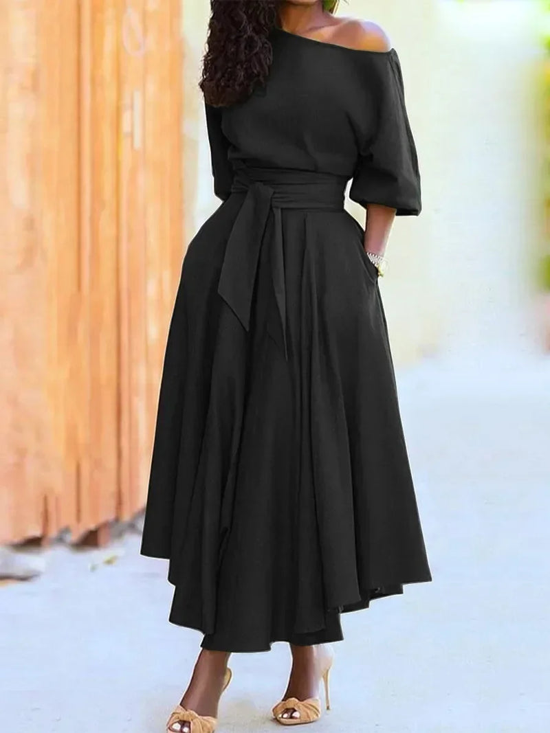 Vestido Longo Elegante Primavera - Manga Lanterna com Laço para Festa e Eventos