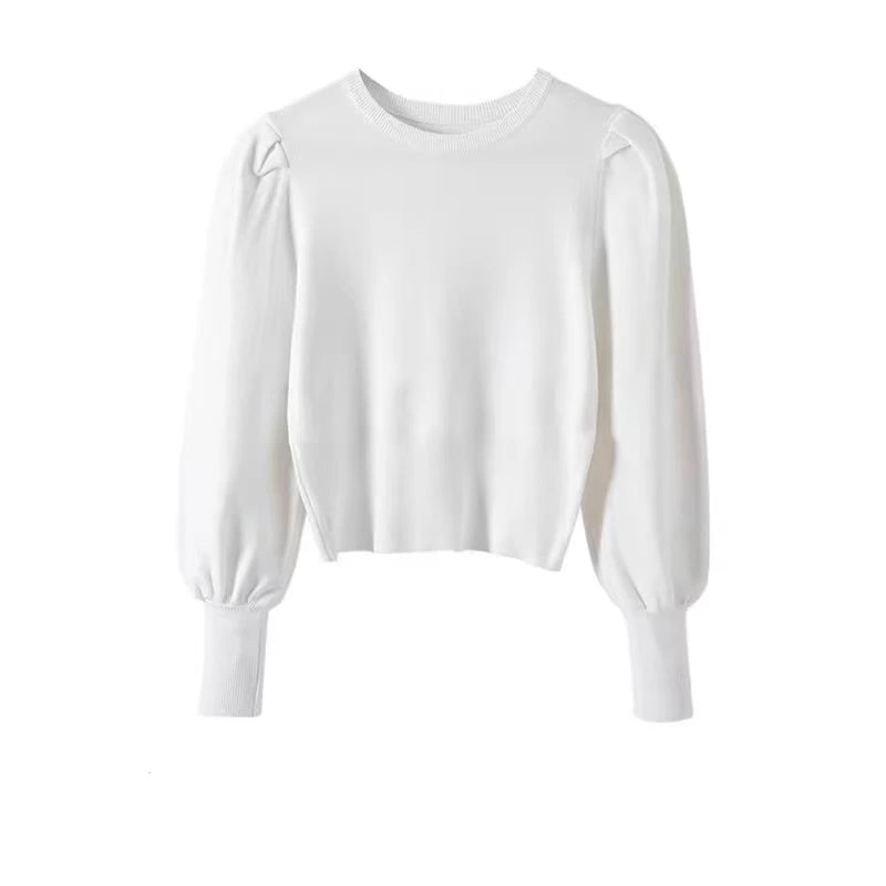 Camisola Gola Alta Feminina Outono Inverno - Manga Puff Malha Coreana Slim