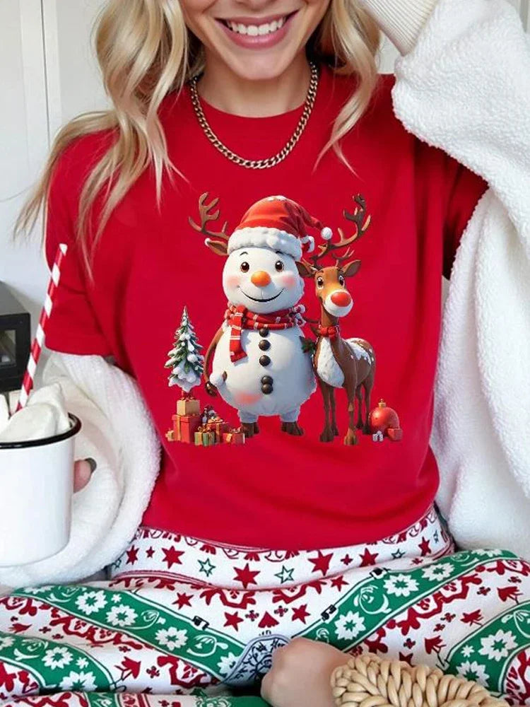 T-Shirt Natal Feminina Cartoon - Boneco Neve Rena Árvore Manga Curta Casual