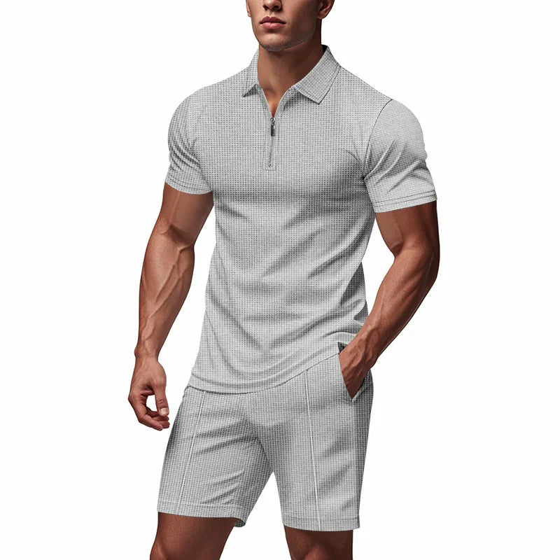 Conjunto Masculino Waffle Americano - Fecho Manga Curta e Calções Verão