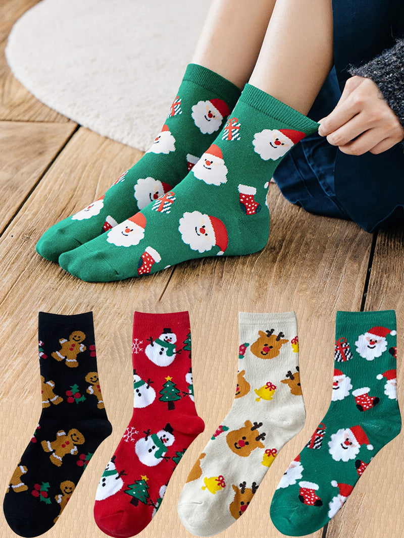 Meias Natal Mulher 4 Pares - Pai Natal Boneco Neve Kawaii Cartoon Presente