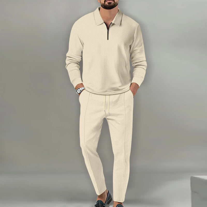 Conjunto Waffle Knit Polo Masculino - Meio Fecho Manga Comprida Visual Atemporal