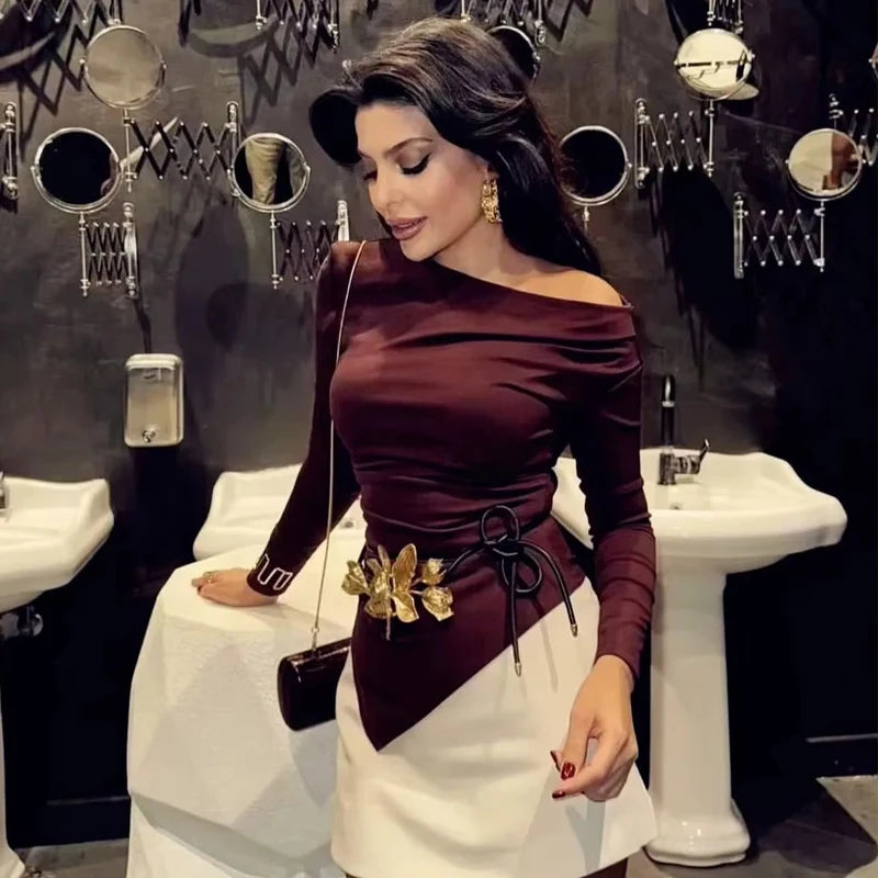 Top Feminino Assimétrico Ombro Descoberto - Franzido Casual Manga Comprida Primavera